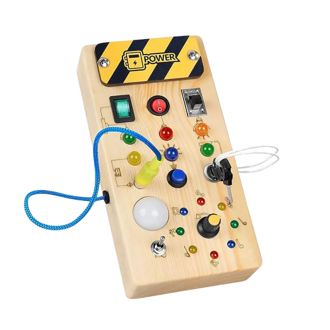 Interactive Wooden Busy Board for Toddlers – Montessori Sensory Board with Buttons and Switches for Fine Motor Skill Development 0