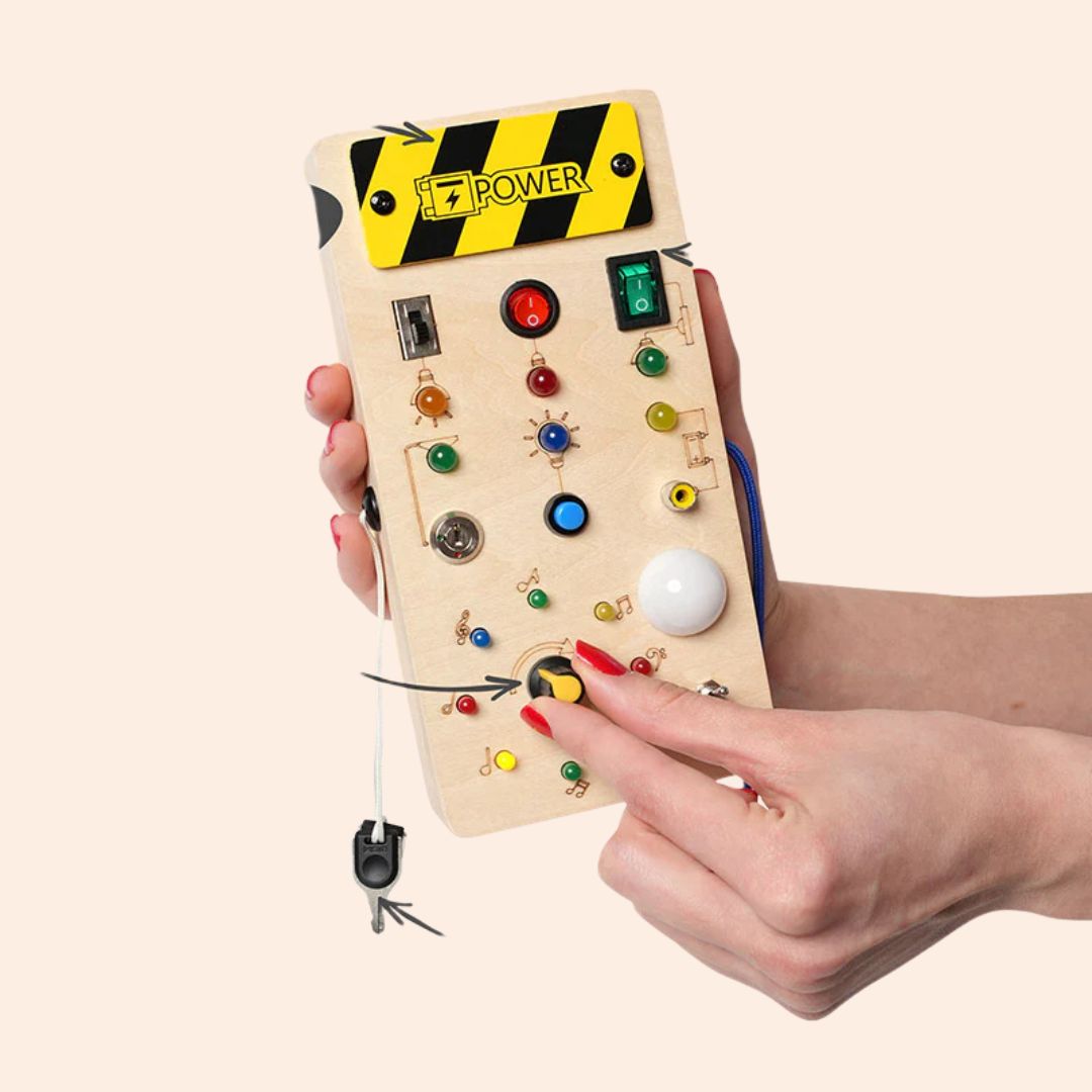 Interactive Wooden Busy Board for Toddlers – Montessori Sensory Board with Buttons and Switches for Fine Motor Skill Development 1