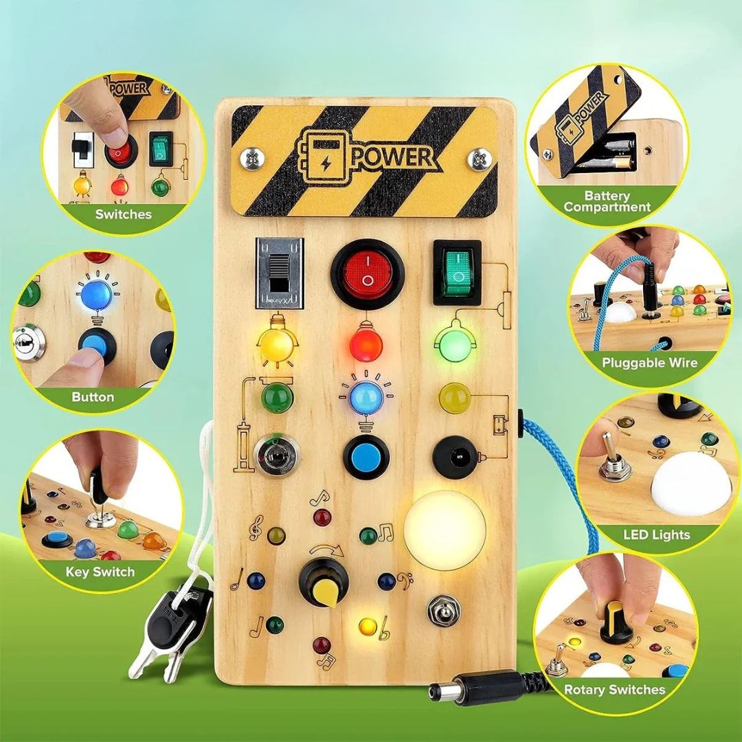 Interactive Wooden Busy Board for Toddlers – Montessori Sensory Board with Buttons and Switches for Fine Motor Skill Development 3