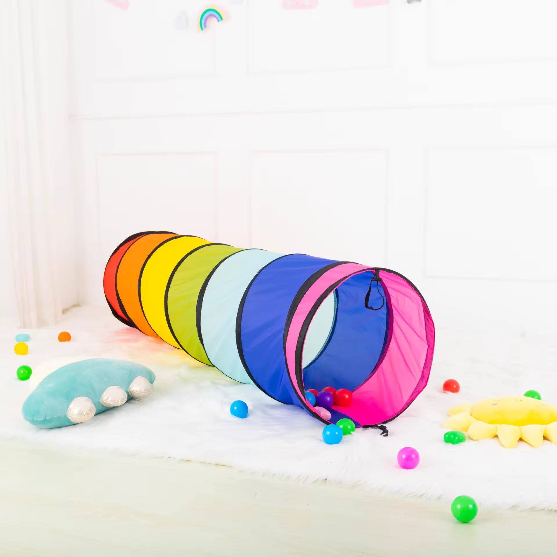 Rainbow Childrens Play Tunnel Tent – 180cm Long, 45cm Diameter, Durable Polyester for Indoor and Outdoor Fun 0