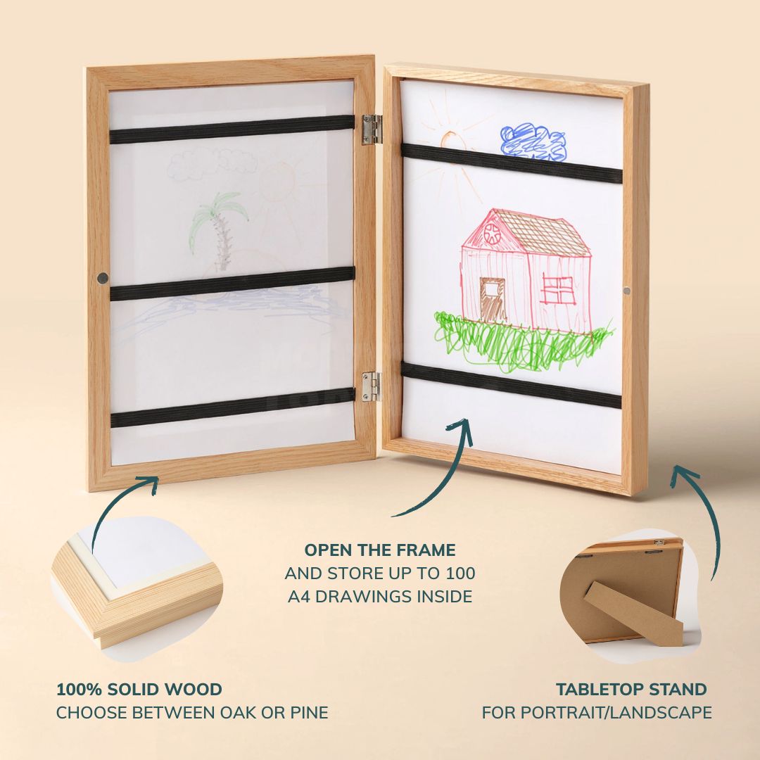 Solid Wood Art Display Frame for Toddlers – Holds Up to 100 Artworks, Magnetic Closure, Freestanding or Wall-Mounted 0